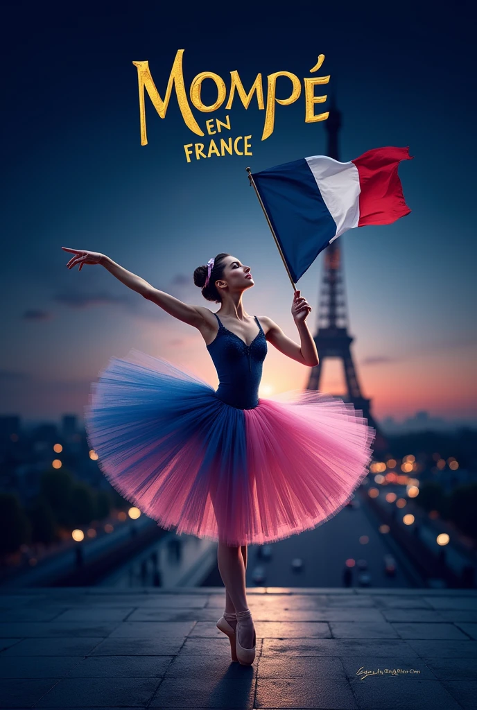 create a visual identity for a ballet show called "Mompê en France" (Place the name on the image in a golden font) with the main colors baby pink and very dark blue, Place the Eiffel Tower and the French flag in the background and 1 ballerina centered with a very dark blue and baby pink plate tutu.