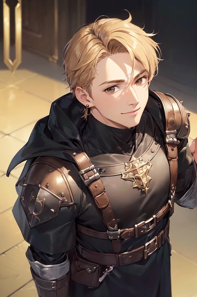 (((masterpiece; best quality: 1.2))), (detailed eyes: 1.3), ((1 young man)), ((solo)), (brown eyes: 1.4), (body shape; lean, masculine, manly face: 1.3), (short blond hair: 1.3), (clear background: 1.2), ((depth of field)), (equipment: masculine adventurer garb + hard-leather protection + black tunic + black cape +black stud earring: 1.3), (anime illustration: 1.2), (background composition; fantasy tavern interior + furniture: 1.1), (handsome: 1.1), (shot composition; standing + centered on face + bust close-up: 1.5), (facial expression; calm + smile: 1.2)
