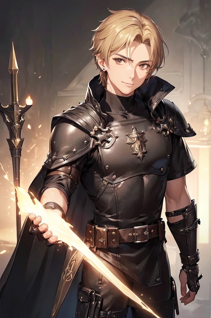 (((masterpiece; best quality: 1.2))), (detailed eyes: 1.3), ((1 young man)), ((solo)), (brown eyes: 1.4), (body shape; lean, masculine, manly face: 1.3), (short blond hair: 1.3), (clear background: 1.2), ((depth of field)), (equipment: masculine adventurer garb + hard-leather protection + black tunic + black cape +black stud earring: 1.3), (anime illustration: 1.2), (background composition; fantasy tavern interior + furniture: 1.1), (handsome: 1.1), (shot composition; standing + centered on face + bust close-up: 1.5), (facial expression; calm + smile: 1.2)