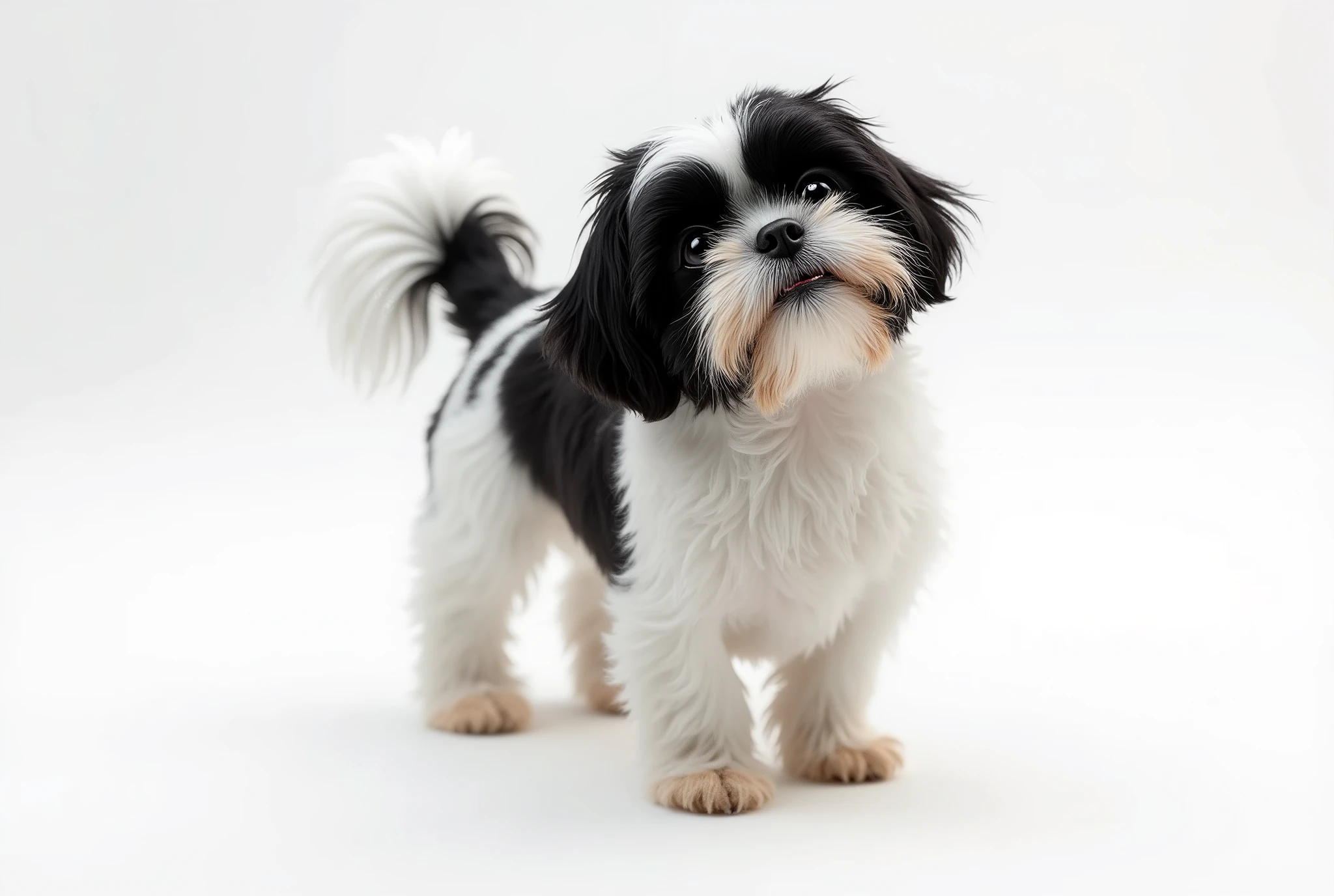 (8k, CRU photo, highest quality) (((full body shot:1.3))), small breed dog, Shih Tzu, with fur in black (deep black) and white colors. Ensure that the entire body of the dog is fully visible within the frame, with no parts cut off. The background must be completely white, like a studio backdrop or transparent, with no details or distractions, only a plain white surface. (((dynamic pose:1.3))), ((movement pose:1.2))), soft lighting, cinematic lighting, realistic fur, ((pores)), ((high detail fur)), light volumetric, hyper-realistic, vivid details, clear as crystal, 8K UHD, ultra photo realism, best quality, work of art, extremely detailed CG, unity, wallpapers (realistic, photorealistic: 1.37), shining, fine-details, correct body structure, (((Depth of field:1.5))), (((atmospheric perspective:1.4))).