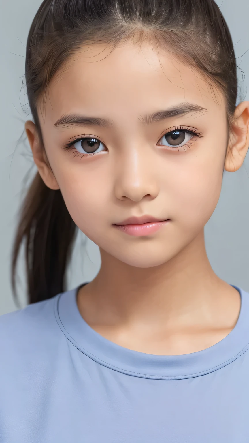 Highest quality、Realistic、、zoom、、Girl、look up、cute、Light grey eyes、Black Hair、ponytail、Forehead fully open、boyish、Tanned brown skin、Dark Skin、Light Blue T-Shirt、Eyes that see far、Face close-up、thin