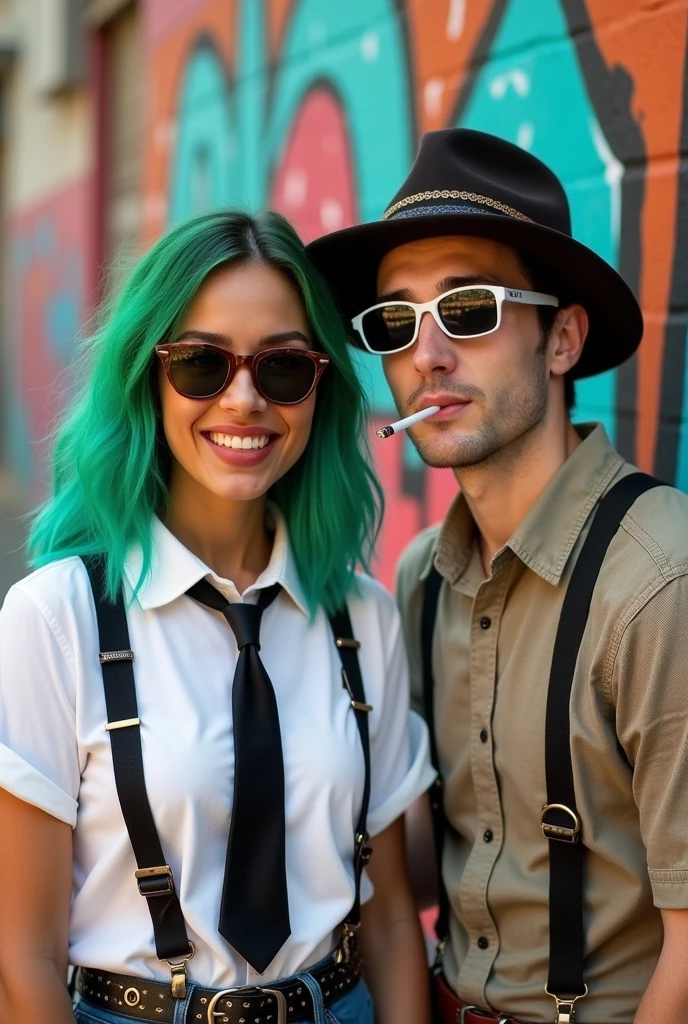 Mulatto woman with straight green hair, Grinning, with white t-shirt, suspenders and black tie. Next to a white man wearing a hat, dark glasses with white frames and a marijuana smoker