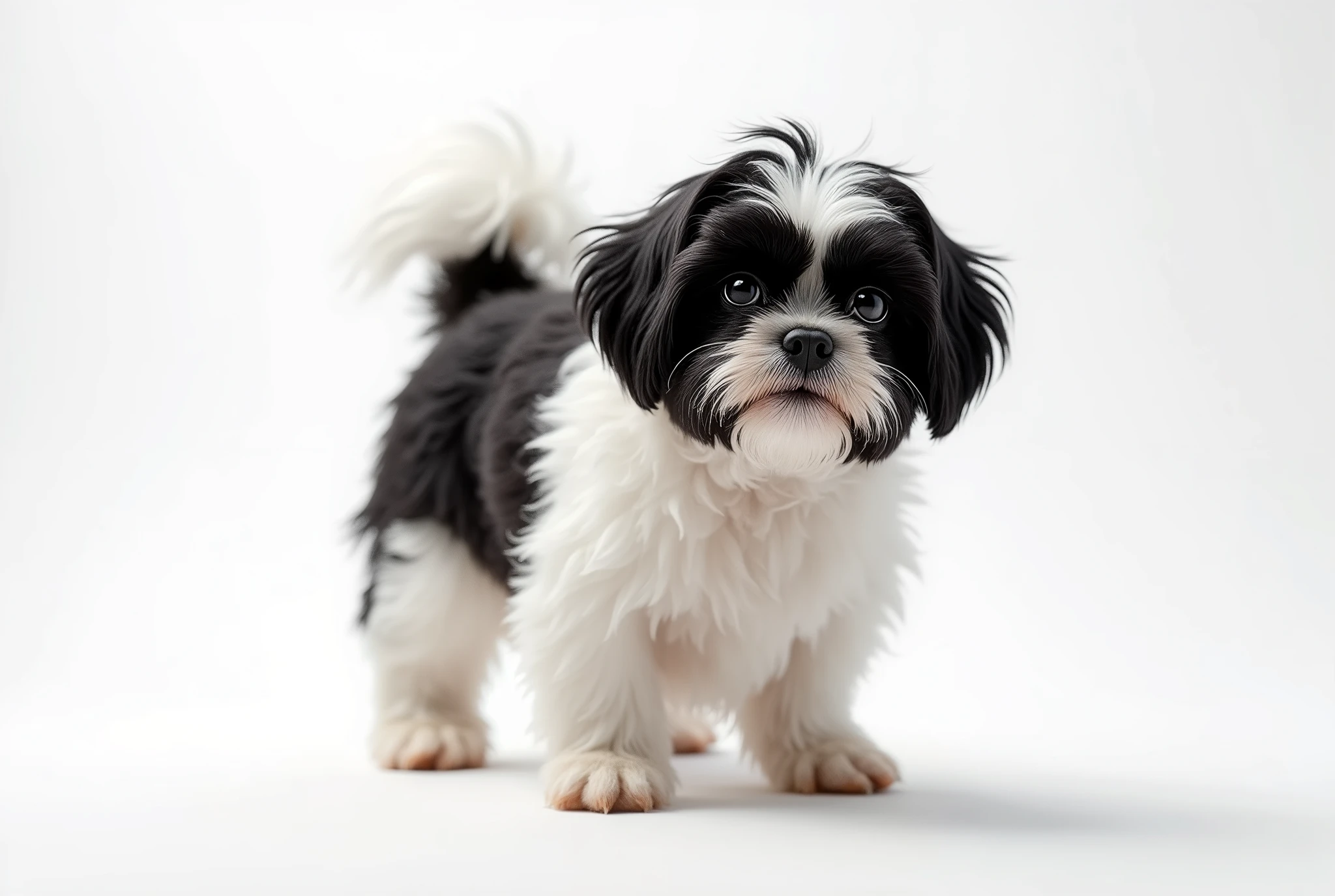(8k, CRU photo, highest quality) (((full body shot:1.3))), small breed dog, Shih Tzu, with fur in black (deep black) and white colors. Ensure that the entire body of the dog is fully visible within the frame, with no parts cut off. The background must be completely white, like a studio backdrop or transparent, with no details or distractions, only a plain white surface. (((dynamic pose:1.3))), ((movement pose:1.2))), soft lighting, cinematic lighting, realistic fur, ((pores)), ((high detail fur)), light volumetric, hyper-realistic, vivid details, clear as crystal, 8K UHD, ultra photo realism, best quality, work of art, extremely detailed CG, unity, wallpapers (realistic, photorealistic: 1.37), shining, fine-details, correct body structure, (((Depth of field:1.5))), (((atmospheric perspective:1.4))).