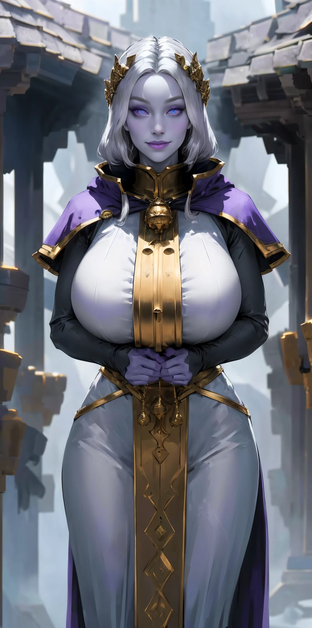 (Triplets)(chest covered)(smile)Gray skin, pale golden hair and violet eyes. They prefer clothing of white and silver with cloaks of deep blue or purple,village background, huge_knockers, ((very precise detailed)), ((highres)