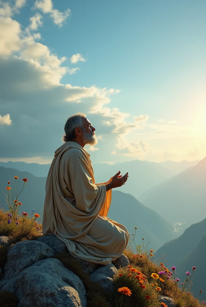 Holy man dressed in sackcloth praying on a mountain