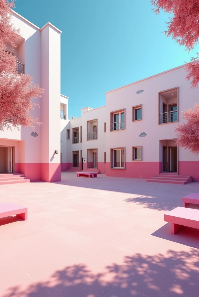 (photorealism:1.2) Empty in a pink girls' school inside yard, pink and white modern school building with pink benches, clean in good shape, the sign "Colegio Coquetas" and the signs of many kisses 💋 on the walls, not childish drawings on the walls, realistic, intricate details