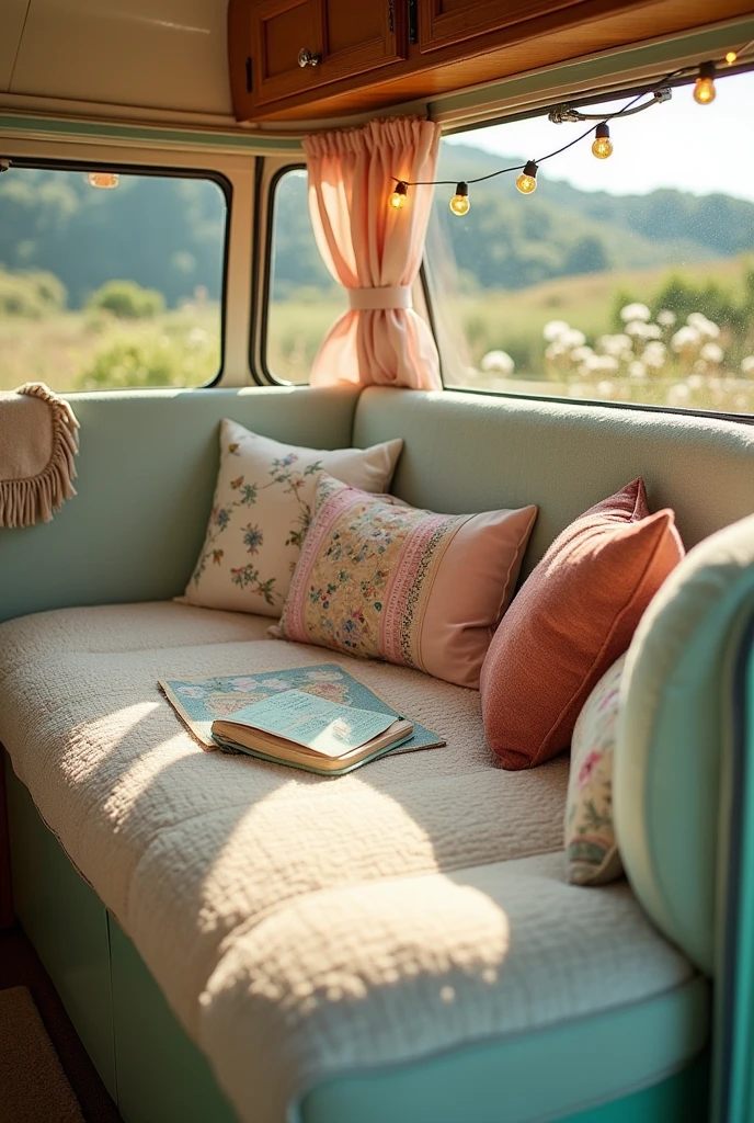 Propaganda for the sale of a Kombi with pastel tones and a cozy interior