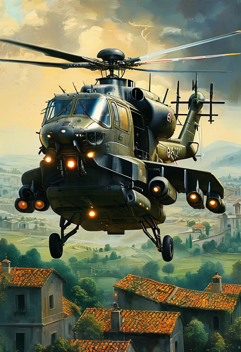 ((high quality:1.2)), (8k), extremely detailed, ((High detail:1.2)), ((best resolution:1.4)), masterpiece, ((Work of art)), ((Leonardo da Vinci style painting)), modern combat helicopter, helicopter with military and radical equipment, 