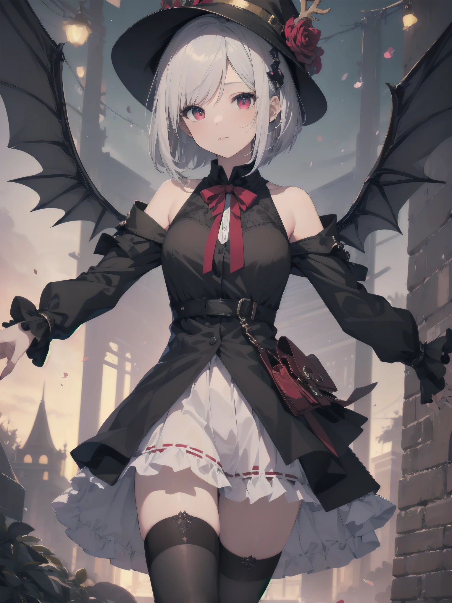 (Masterpiece artwork: 1.3), (top-quality: 1.2), Grande plano de one rapariga bonita, Ultra-detailed illustration, Ultra-high quality, high qualiy, top-quality, members, Fingers, beautiful and slender girl, one, Eyes red, leather witch cosplay, little devil, bob cut, black stocking, deer hat, illuminated kinematics
