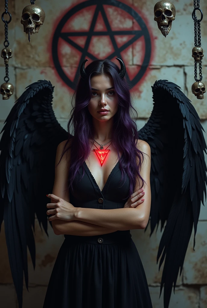 A breathtaking, hyper-realistic portrayal of a young woman exuding an aura of dark mystique and undeniable power. She stands in a defiant, assertive pose with her left hand confidently resting on her hip, her large, jet-black wings slightly unfurled behind her, casting deep, ominous shadows. Her flowing, wavy hair, a rich shade of deep violet, cascades around her face, partially obscuring her sharp, striking features. From her forehead, a pair of small, elegantly curved horns emerge, adding to her otherworldly appearance, while just below, a glowing red pentagram is intricately etched into her pale skin, pulsating softly with an ethereal light that contrasts starkly against the dim surroundings.

Her expression is one of calm and calculated confidence, her lips curled into a subtle, knowing smile, as if she holds the secrets of the dark forces she commands. The background is a hauntingly detailed, ancient stone wall, weathered by time and marked by the remnants of dark rituals. The wall is adorned with a large, crimson pentagram, painted with a mixture of blood and shadow, the paint still fresh enough to glisten in the low light. Chains dangle from above, their links thick and heavy, ending in skulls that seem to peer out from the darkness with hollow, lifeless eyes.

The atmosphere is thick with tension, as if the very air is charged with the residual energy of countless rituals performed within these walls. The lighting is meticulously crafted, with a low, dramatic illumination that enhances every texture—the roughness of the stone, the gleam of the chains, the soft yet menacing sheen of her wings. The shadows are deep and enveloping, creating a stark contrast that draws the viewer’s gaze to her piercing eyes and the glowing pentagram.

Captured with a high-definition, cinematic lens and a shallow depth of field, the focus is sharply on her determined expression and the intricate details of her otherworldly features. The background, slightly blurred,