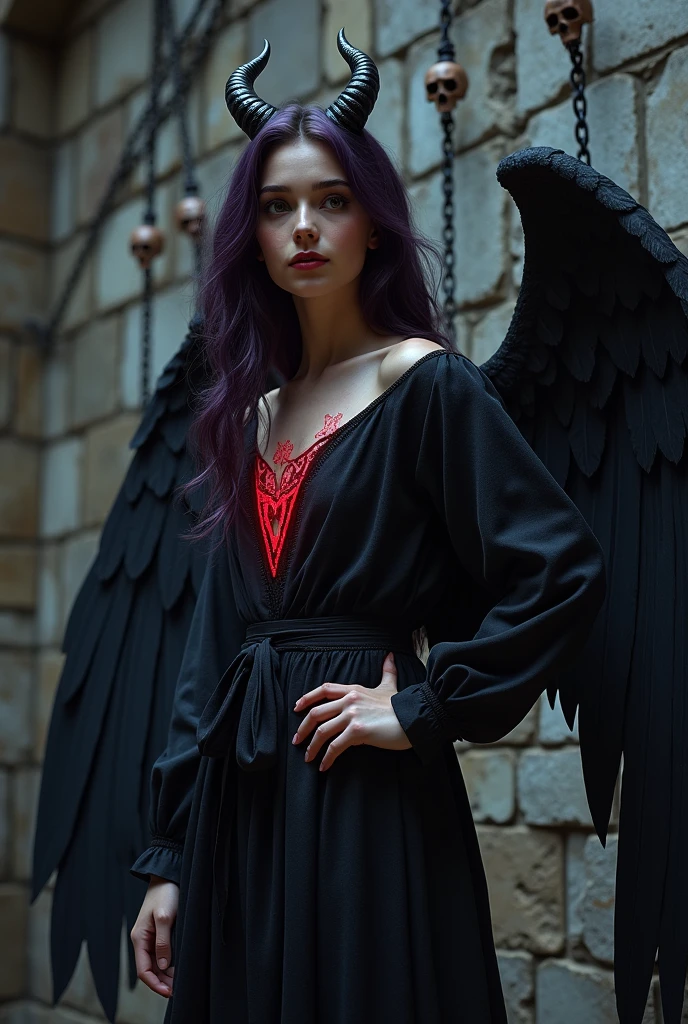 A breathtaking, hyper-realistic portrayal of a young woman exuding an aura of dark mystique and undeniable power. She stands in a defiant, assertive pose with her left hand confidently resting on her hip, her large, jet-black wings slightly unfurled behind her, casting deep, ominous shadows. Her flowing, wavy hair, a rich shade of deep violet, cascades around her face, partially obscuring her sharp, striking features. From her forehead, a pair of small, elegantly curved horns emerge, adding to her otherworldly appearance, while just below, a glowing red pentagram is intricately etched into her pale skin, pulsating softly with an ethereal light that contrasts starkly against the dim surroundings.
Her expression is one of calm and calculated confidence, her lips curled into a subtle, knowing smile, as if she holds the secrets of the dark forces she commands. The background is a hauntingly detailed, ancient stone wall, weathered by time and marked by the remnants of dark rituals. The wall is adorned with a large, crimson pentagram, painted with a mixture of blood and shadow, the paint still fresh enough to glisten in the low light. Chains dangle from above, their links thick and heavy, ending in skulls that seem to peer out from the darkness with hollow, lifeless eyes.
The atmosphere is thick with tension, as if the very air is charged with the residual energy of countless rituals performed within these walls. The lighting is meticulously crafted, with a low, dramatic illumination that enhances every texture—the roughness of the stone, the gleam of the chains, the soft yet menacing sheen of her wings. The shadows are deep and enveloping, creating a stark contrast that draws the viewer’s gaze to her piercing eyes and the glowing pentagram.
Captured with a high-definition, cinematic lens and a shallow depth of field, the focus is sharply on her determined expression and the intricate details of her otherworldly features. The background, slightly blurred,