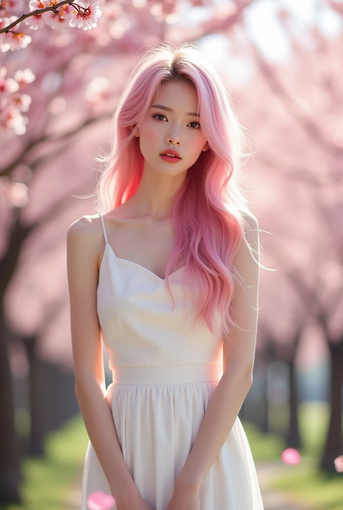 A Japanese woman with a youthful face and long pink hair. White dress and white heels, body skinny, big boobies, small waist and big butt