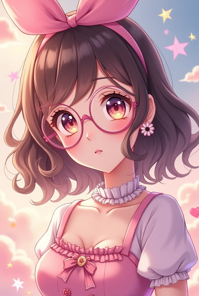 An cutecore brunette, with curly hair and glasses anime hot woman