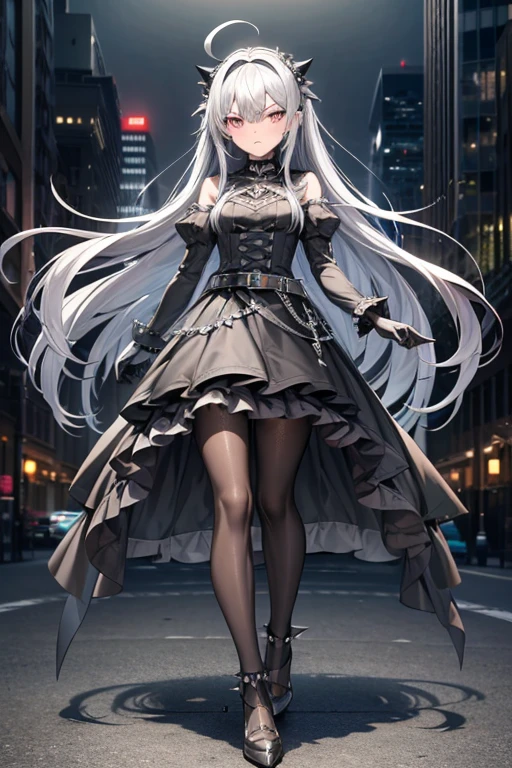 ((best quality)), ((masterpiece)), (detailed), 1 girl, full body, 18 years old, depressed face, pretty face, mask, silver eyes, blushing, silver hair, long hair, spiky hair, ahoge, bangs, strand of hair covering her right eye, full body, very tall, very small breasts, flat chest, thin body, gray hood, gray wristbands, long black gloves with spikes, gray outfit, gray clothes, gray, gray gothic lolita dress, gray dress, puffy sleeve, blades on the steering wheel, metal emblem, leather belt, pale skin, black pantyhose, black shoes, walking in the city, looking at me, city background, anime