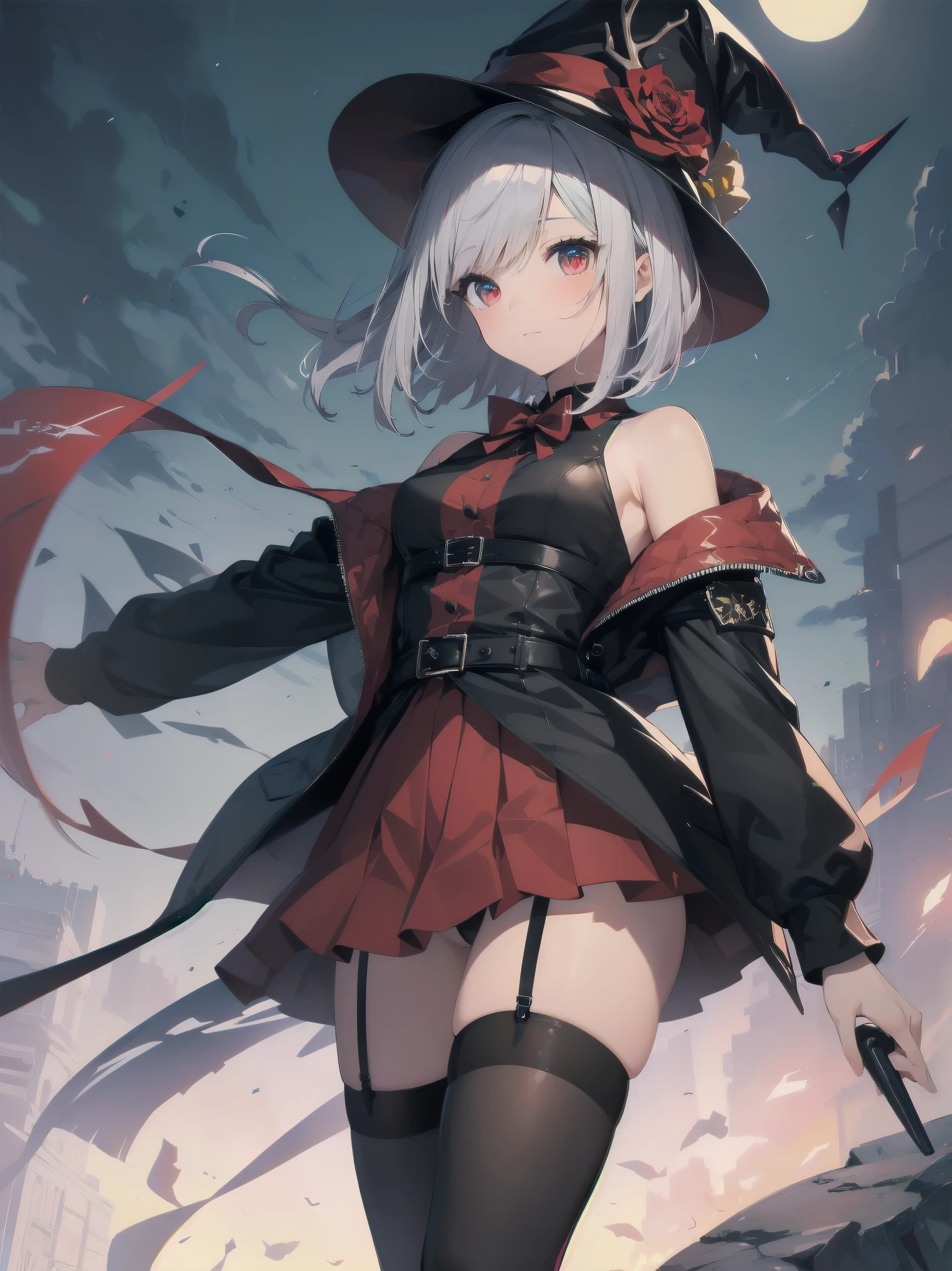 (Masterpiece artwork: 1.3), (top-quality: 1.2), Grande plano de one rapariga bonita, Ultra-detailed illustration, Ultra-high quality, high qualiy, top-quality, members, Fingers, beautiful and slender girl, one, Eyes red, leather witch cosplay, little devil, bob cut, black stocking, deer hat, illuminated kinematics