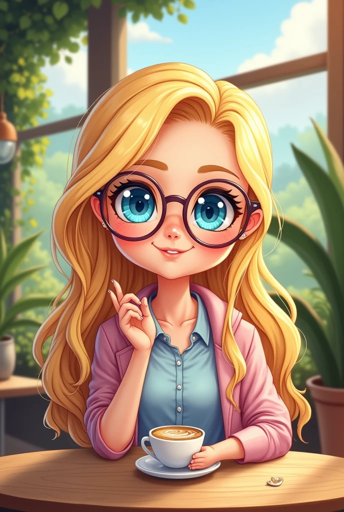 adult blonde woman with simple chibi style glasses