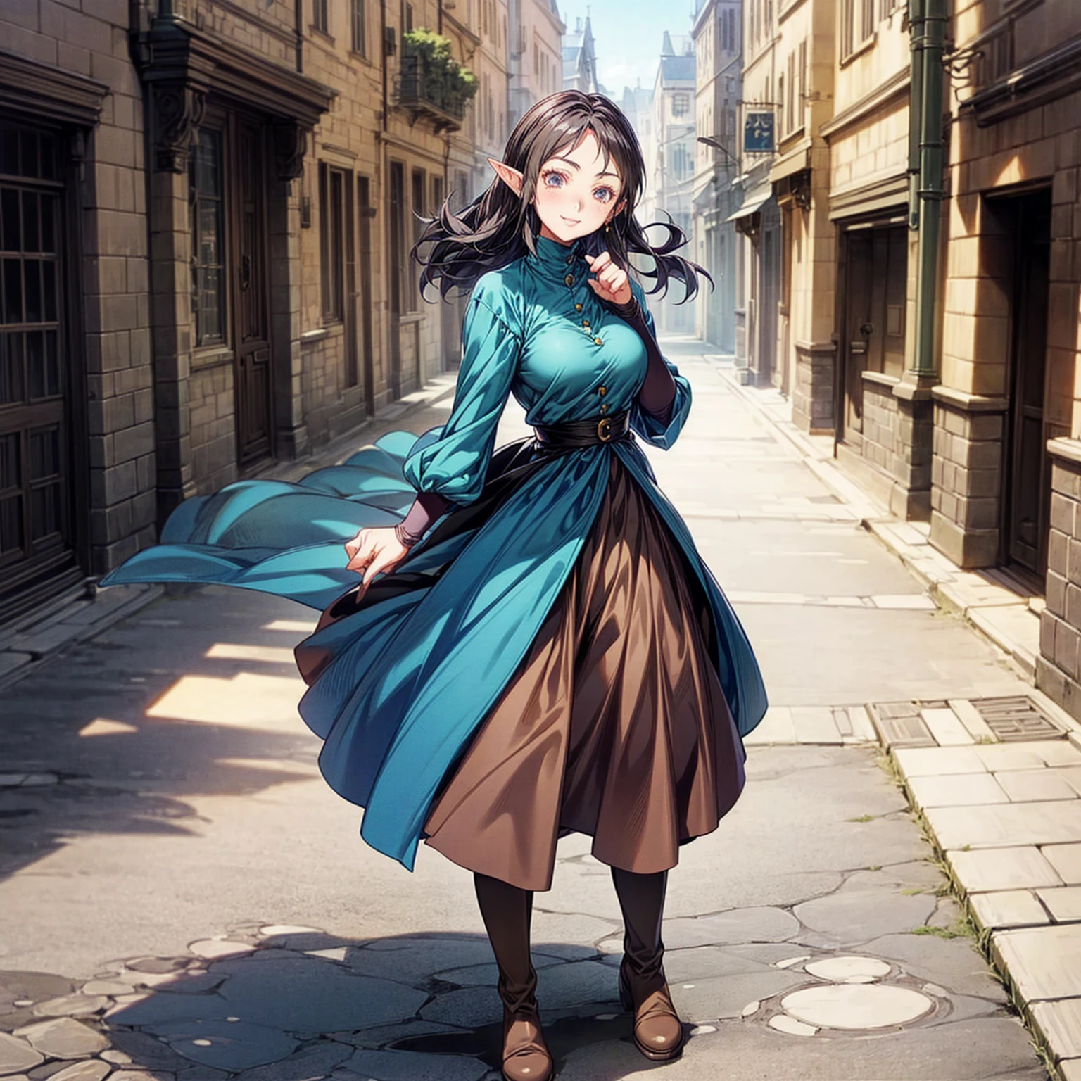 Solo character, full body version, old girl, (elf), black eyes, black color hair, long haircut, blue dress clothing, brown jeans, boots, Hoop earring, outdoor, town, medieval, standing gesture, detailed background, detailed clothing, detailed hair, (Hunter x Hunter style art, Doraemon style art), medium breast, happy eyes, smile mouth 