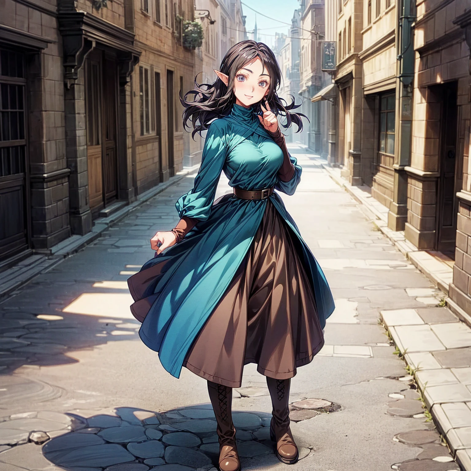 Solo character, full body version, old girl, (elf), black eyes, black color hair, long haircut, blue dress clothing, brown jeans, boots, Hoop earring, outdoor, town, medieval, standing gesture, detailed background, detailed clothing, detailed hair, (Hunter x Hunter style art, Doraemon style art), medium breast, happy eyes, smile mouth 