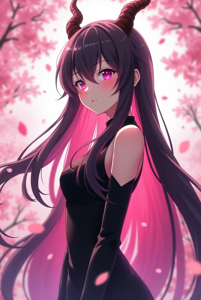 A 20 year old long pink mix black haired woman, pink jewelry eyes, with dragon horns on top of her head. look graceful yet intimidating. wearing black dress. make it with pink flower background and in anime style