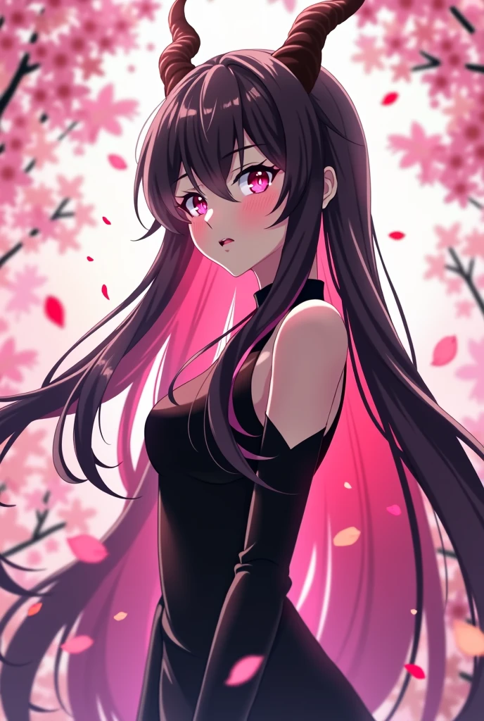 A 20 year old long pink mix black haired woman, pink jewelry eyes, with dragon horns on top of her head. look graceful yet intimidating. wearing black dress. make it with pink flower background and in anime style