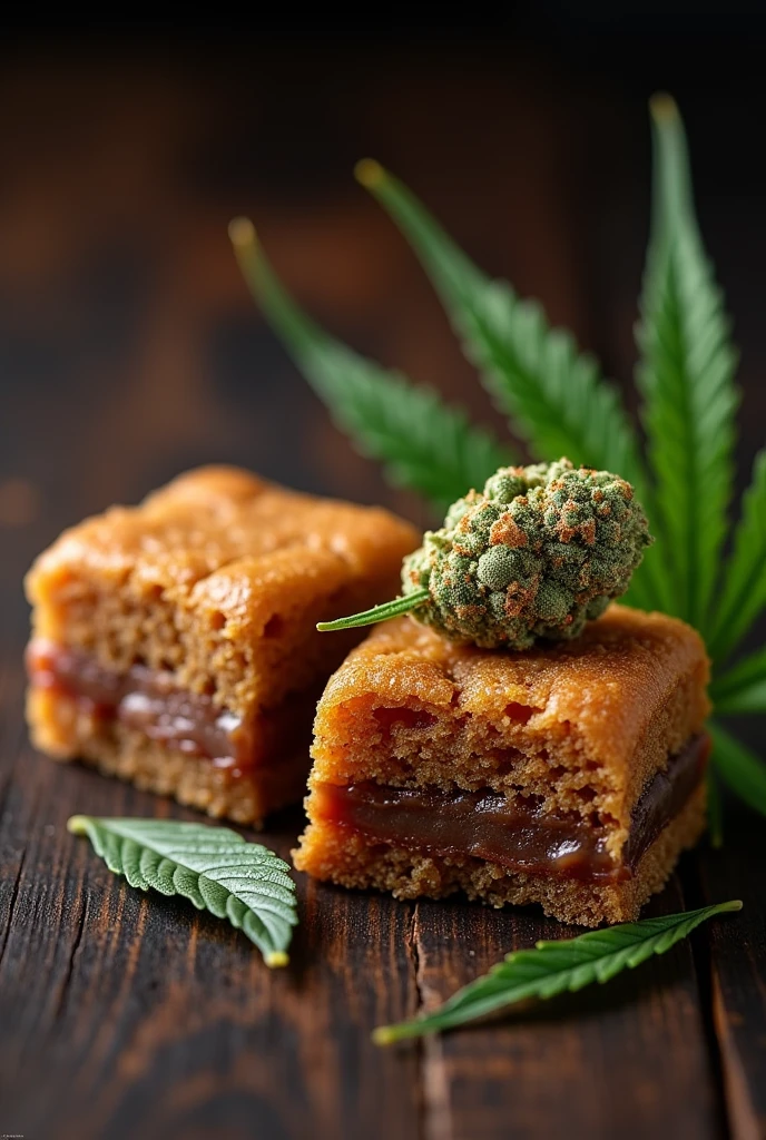 Two mini square Brawnis with arequipe filling in the middle of each one and next to it a cannabis flower, the bottom to be a dark and