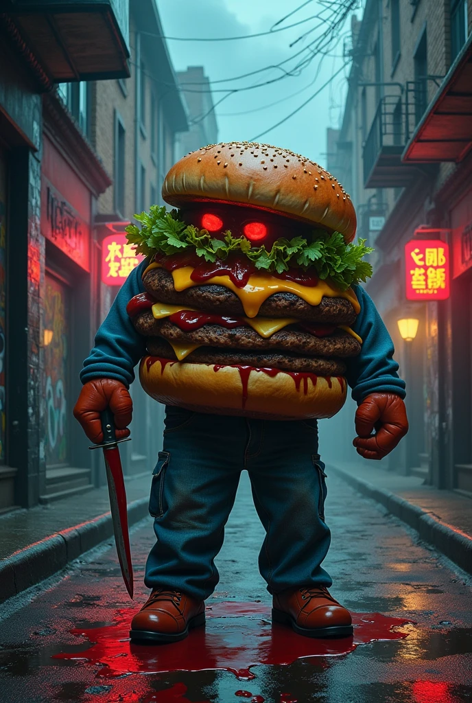 Murderous hamburger with street clothes and a knife in its hands 