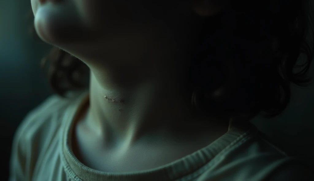 "A chilling close-up of a child's neck, with ghostly claw marks barely visible under a soft light, surrounded by darkened edges."
