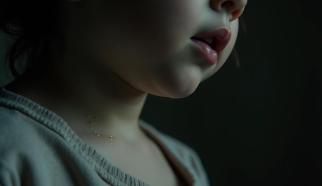 "A chilling close-up of a child's neck, with ghostly claw marks barely visible under a soft light, surrounded by darkened edges."