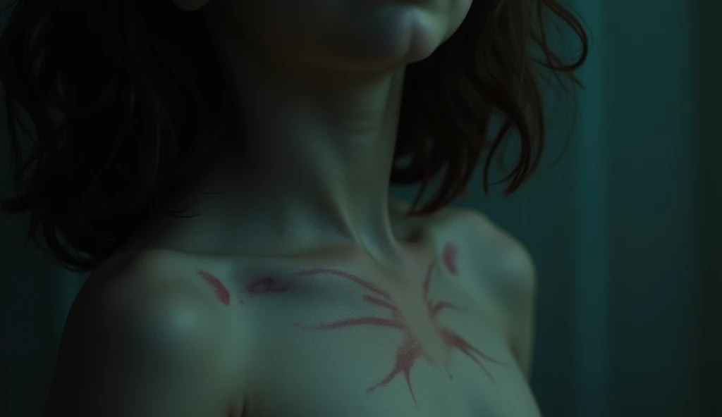 "A chilling close-up of a child's neck, with ghostly claw marks barely visible under a soft light, surrounded by darkened edges."