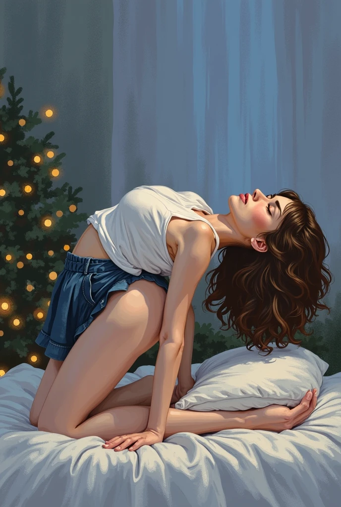 Beautiful 18 year old woman, Brown hair, kneeling facing forward, in their room at night, realist