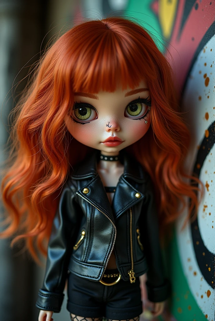 Blythe doll, with not very long reddish hair (below the shoulders), white hazel eyes (a mix of green and brown), grunge style, lipstick, eyelashes and large eyeliner, piercing on the side of the nose,