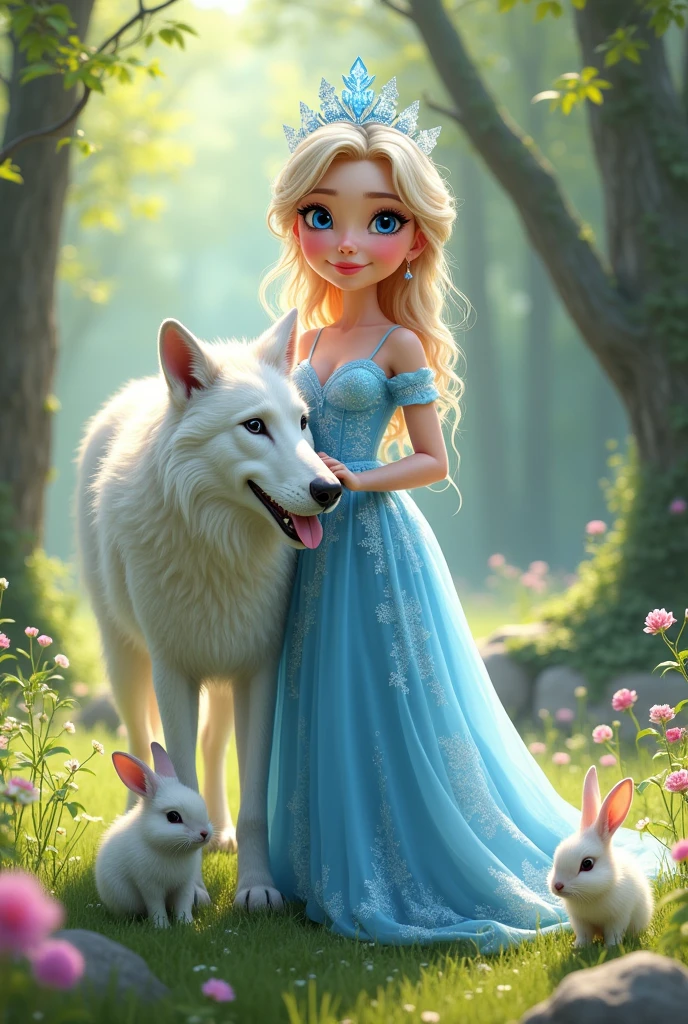 CARICATURE of a  PRINCESS with an ICE crown wearing a SKY BLUE DRESS with a WHITE WOLF and 2 rabbits

