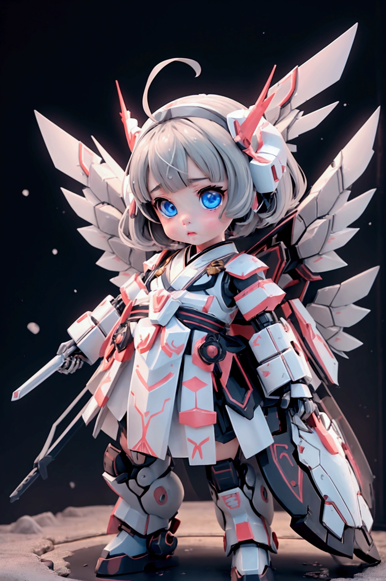 {(Japanese young girl)}, (She is fused with a Gundam mecha from the future.:1.1), White Theme, With headgear, With V fin , ((Unarmored tear)), ((Unarmored stomach)), ((Unarmored upper arm)), ((Unarmored face)), (Unarmored hand), (Non-armored waist), ((Unarmored thigh)), (Unarmored ankle), Japanese wearing a white Miko-style Hakama,   whole body:1.5, （Shrine torii gate background）, Multi-layer texture perfect ratio, Octane Rendering, Duotone Lighting, Low ISO, wide aperture, White balance, Three-part method, Ultra HD 16k, High resolution (High Dynamic Range), Ray Tracing, NVIDIA, Super Resolution, Scattered beneath the surface, PBR Texturing, Post-processing, Anisotropic Filtering, Depth of written boundary, Maximum clarity and sharpness, Highly efficient subpixels, Subpixel Convolution, Particles of light, Scattered Light, Tyndall effect, whole body:1.5, dorsal position, cute, (cute:1.2), (Bobcut:1.3),Cat ear, Silver Hair, Light-colored irises, Large and bright blue eyes, Long eyelashes, Small, light-colored, natural lips, (The average face of the Japan idol), (日本人特有のBaby Face:1.3), (Baby Face), Wide forehead:1.2, Plump Cheeks, Small jaw, Visible side boob, (Mechanical Wings), Have a weapon,巨大なHave a weapon, Has a very large shield, , Asymmetrical body,View your viewers,Focus on the eyes,Sleek and intimidating design, (Four perfect fingers, One thumb)