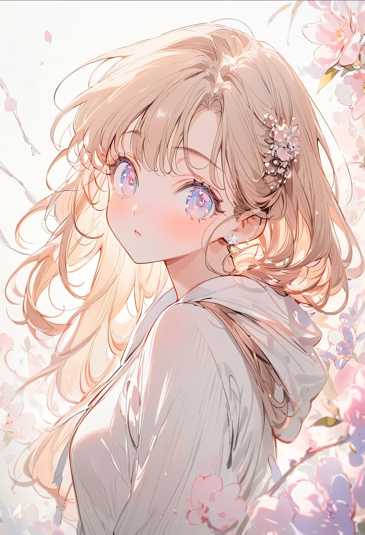 Soft lines, wearing over size white hoodie,sleeves past wrists overly long sleeves,Official art using high-quality hand-drawn watercolor sketch techniques. (best quality,4k,8k,highres,masterpiece:1.2),ultra-detailed,beautiful detailed eyes,A girl with beautiful eyes, everyone, beautiful anime girl, cute anime girl, smooth anime art, anime style, elegant colors, soft lighting, delicate beautiful eyes, very coquettish,