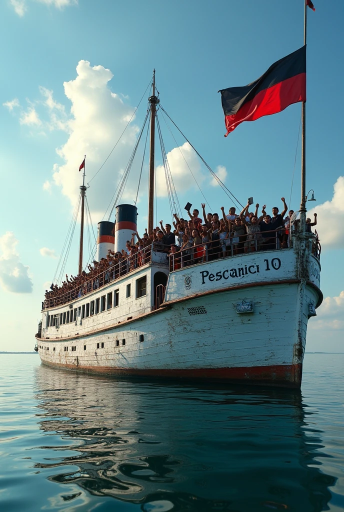 Recreate a photo of an old, white wooden ship with two decks, large and with windows., with the name in the Spanish language of: " PESCANICA 10 " written on the side once without spelling errors, carrying a red and black flag without repeating colors, on the starboard, and with many people of Nicaraguan mestizo race with books and with their right hand up in the shape of a fist, sailing on a vast Nicaraguan lake