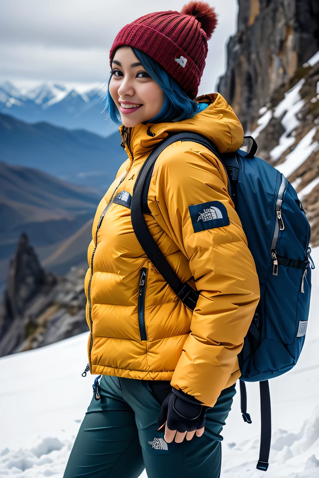 (Background, Magnificent snow mountain views):1.3, (snow mountain:1.37), (8k, RAW photo, best quality, masterpiece:1.2), (realistic, photo-realistic:1.37), ultra-detailed, high quality, professional lighting, physically-based rendering photo of 20 years woman, (1girl:1.3), mountaineer, mountain climber, blue hair, (short hair:1.3), (high detailed skin:1.2), (ultra delicate face, ultra Beautiful fece, ultra delicate eyes, ultra detailed nose, ultra detailed mouth), (gentle smile:1.2), (black color mountaineering jacket(the north face), mountaineering clothing, mountaineering, brown trekking-pants, blue knit hat, mitten glove), (Carrying a backpack), full body shot