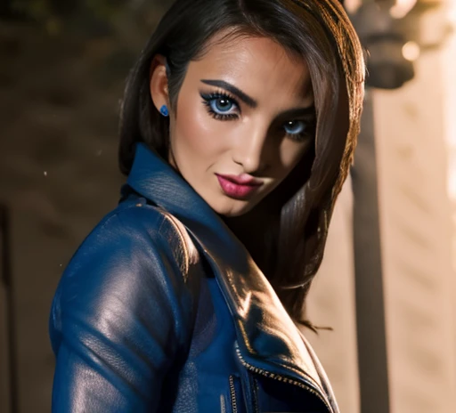 Best quality, realistic, from the front in first person, on the streets of Los Angeles, (a female mexican Supermodel), (sexy blue leather jacket:1.1), split, seductive smile, (dark hair), (hairstyle:1.0), Perfect eyes, sharp parts, detailed face, face-makeup, cheeks turn red, Eyeliner, eyeshadow, lip gloss, leather pants, boots, Supermodel, (Deep Focus), (hard lighting), (Night time), (realistic lighting:1.0)