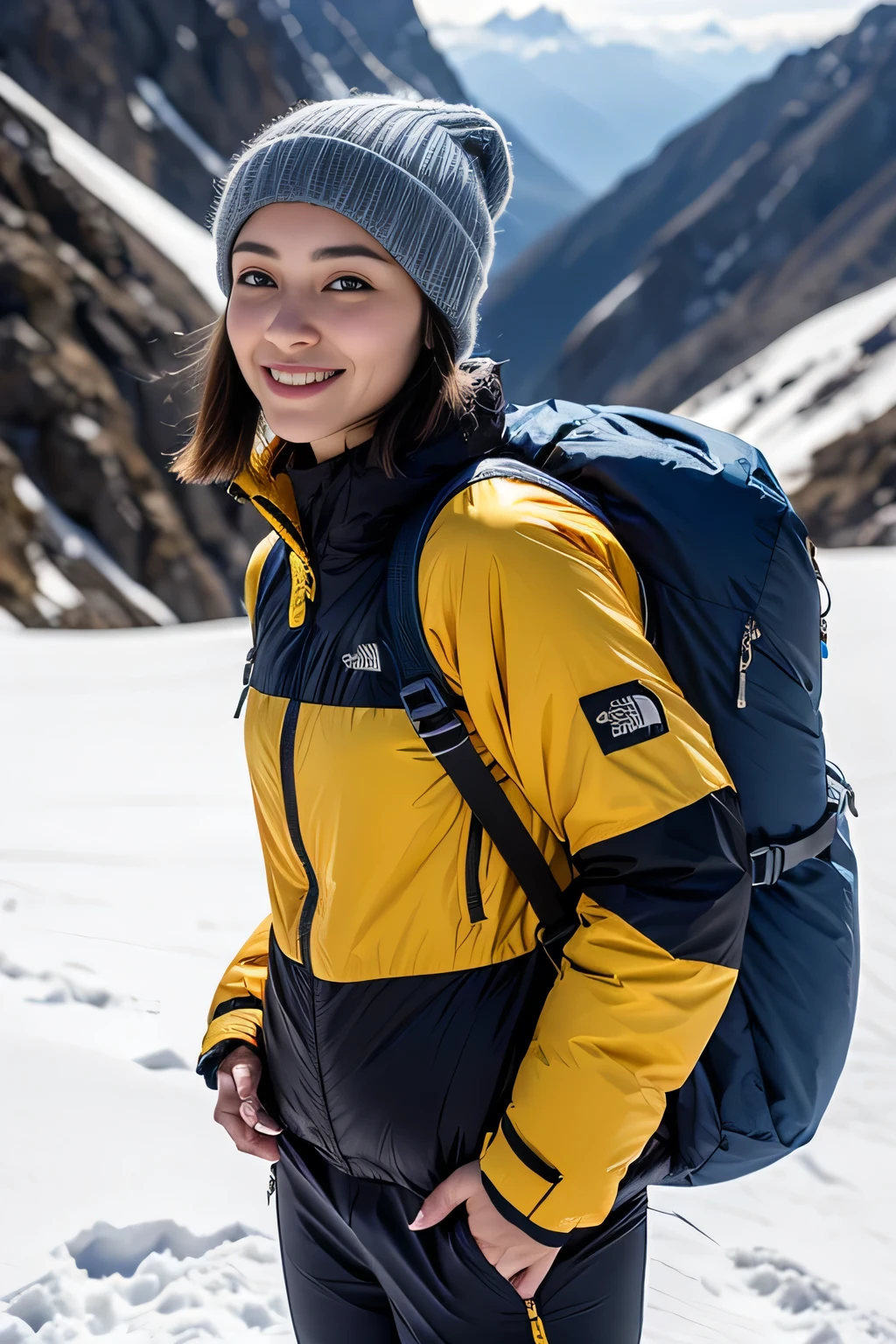 (Background, Magnificent snow mountain views):1.3, (snow mountain:1.37), (8k, RAW photo, best quality, masterpiece:1.2), (realistic, photo-realistic:1.37), ultra-detailed, high quality, professional lighting, physically-based rendering photo of 20 years woman, (1girl:1.3), mountaineer, mountain climber, blue hair, (short hair:1.3), (high detailed skin:1.2), (ultra delicate face, ultra Beautiful fece, ultra delicate eyes, ultra detailed nose, ultra detailed mouth), (gentle smile:1.2), (black color mountaineering jacket(the north face), mountaineering clothing, mountaineering, brown trekking-pants, blue knit hat, mitten glove), (Carrying a backpack), full body shot