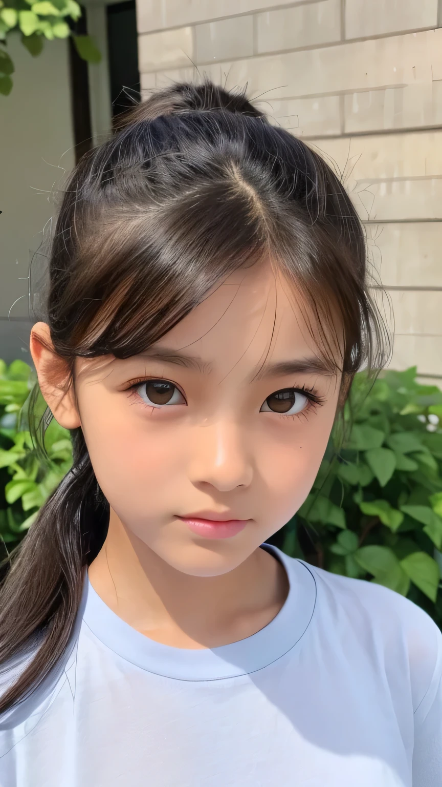 Highest quality、Realistic、、zoom、Primary school students、Girl、look up、cute、Light grey eyes、Black Hair、ponytail、Forehead fully open、boyish、Tanned brown skin、Dark Skin、Light Blue T-Shirt、LOL、Face close-up、thin