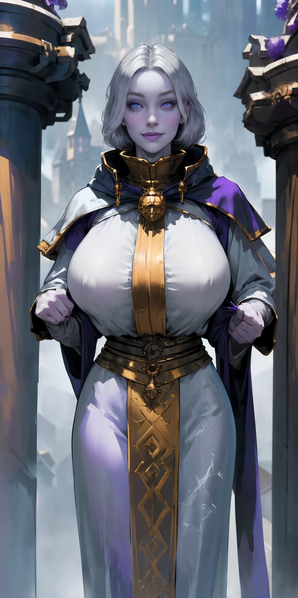 (Triplets)(chest covered)(smile)Gray skin, pale golden hair and violet eyes. They prefer clothing of white and silver with cloaks of deep blue or purple,village background, huge_knockers, ((very precise detailed)), ((highres)