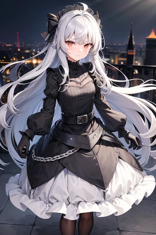 ((best quality)), ((masterpiece)), (detailed), 1 girl, full body, 18 years old, depressed face, pretty face, mask, silver eyes, blushing, silver hair, long hair, spiky hair, ahoge, bangs, strand of hair covering her right eye, full body, very tall, very small breasts, flat chest, thin body, gray hood, gray wristbands, long black gloves with spikes, gray outfit, gray clothes, gray, gray gothic ta dress, gray dress, puffy sleeve, blades on the steering wheel, metal emblem, leather belt, pale skin, black pantyhose, black shoes, walking in the city, looking at me, city background, anime