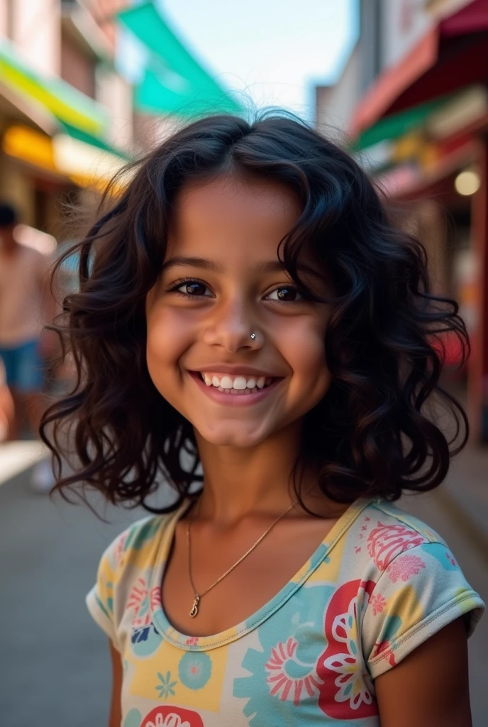 A girl with medium-length curly black hair and a brown skin nose piercing.
