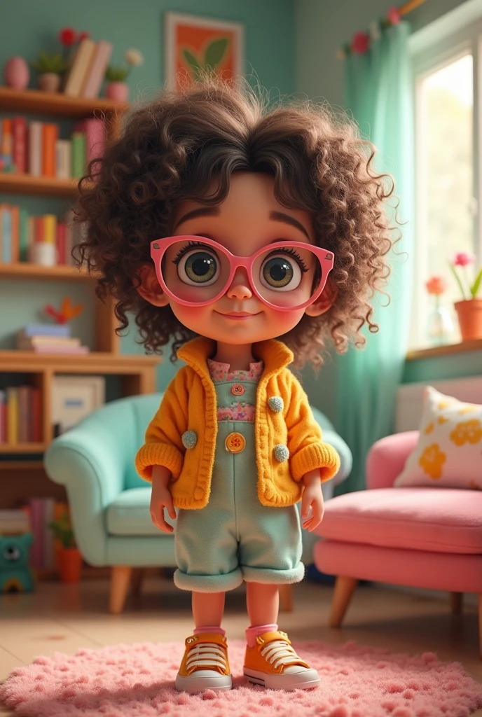 An cutecore brunette, with curly hair and glasses anime hot woman in a room