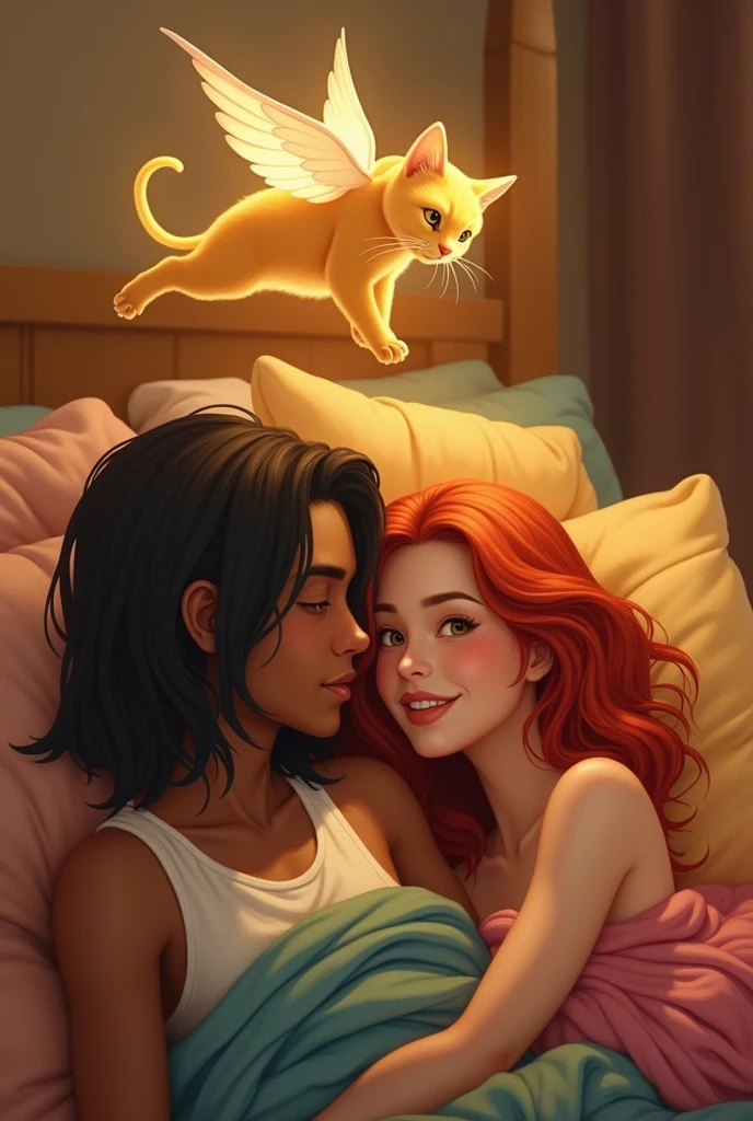 Realistic image of a brown-skinned man with shoulder-length hair, black and straight and a woman with long red hair lying on the bed in a cozy room. They are being visited by a yellow cat with angel wings that has passed on and returned to pet the couple.