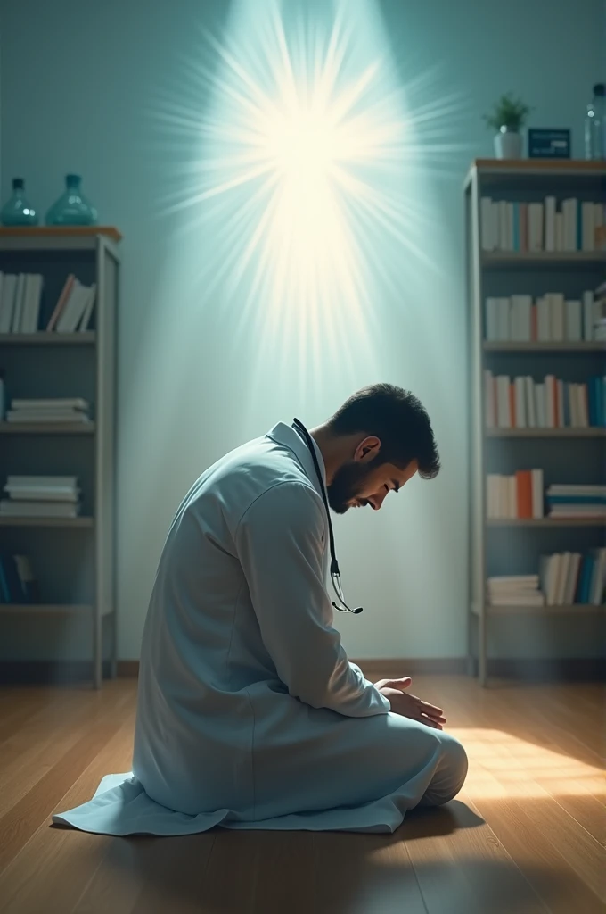 A doctor in a white coat with a stethoscope hanging around his neck kneeling down praying with his head bowed and above him the image of God shining  