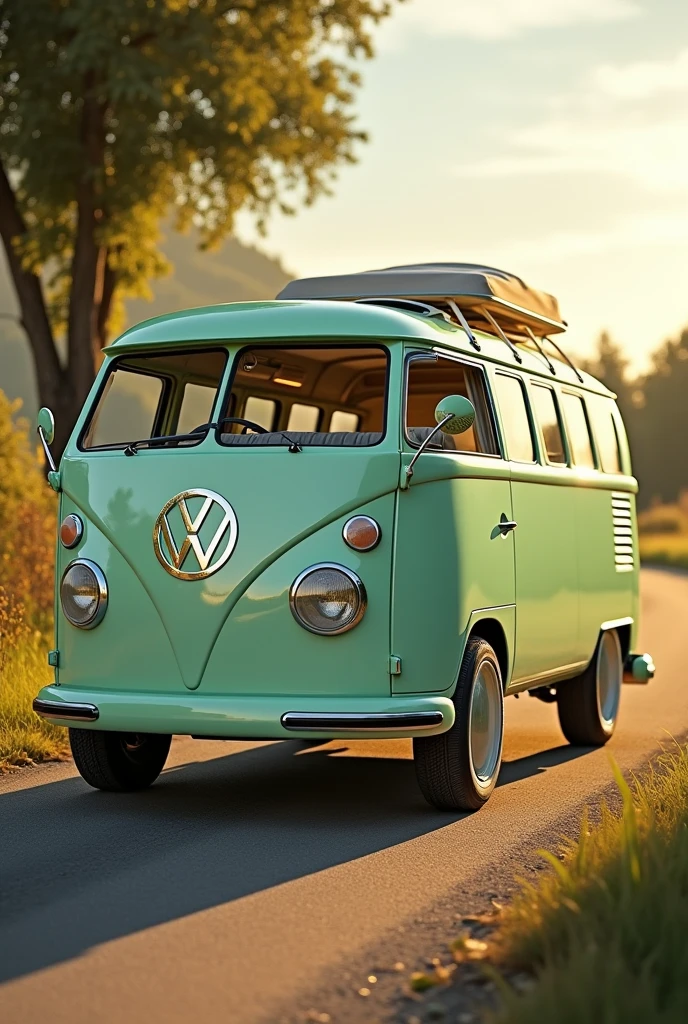 Modern van with pastel green color that evokes nostalgia launch, front engine with a longer front, with cozy interior, leather seats, most modern tires