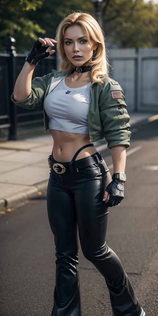 8k, masterpiece, best quality, ultra-detailed, sonyablade, 1girl, solo, long hair, blonde hair, cute blue eyes, breasts, choker, crop top, cropped green jacket, black fingerless gloves, full body, highleg panties, jacket, combat boots, lipstick, makeup, (abs:0.3), midriff, navel, black pants(Wide flares on pants:1.2),
