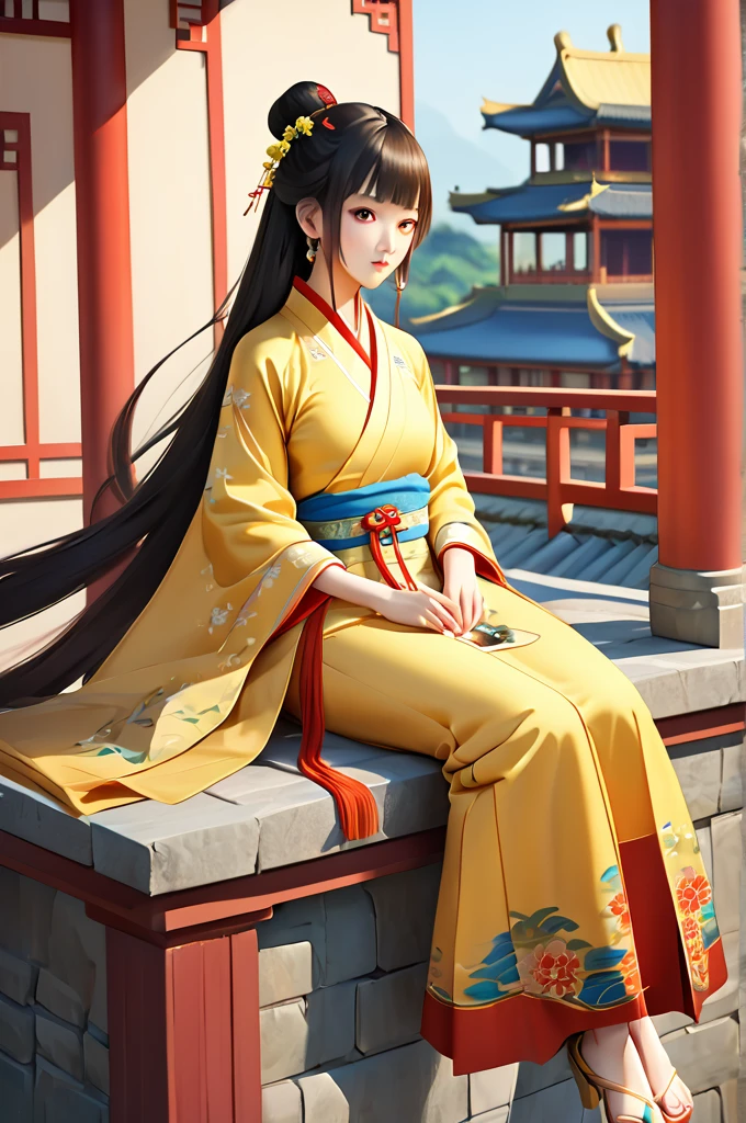 Araffe woman in a yellow kimono sitting on a ledge, palace , A girl in Hanfu, 3d realistic anime style., guweiz style artwork, Beautiful character painting, realistic 3d anime, trend on cgstation, anime style 3d, wearing ancient chinese clothing, Chinese girl, Artgerm and Atey Ghailan