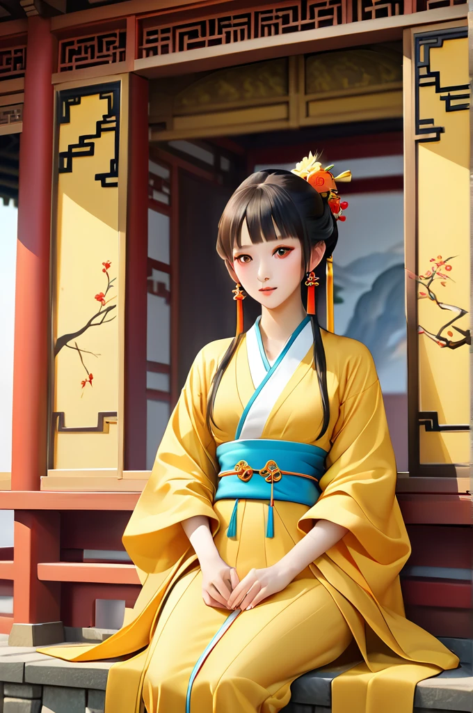 Araffe woman in a yellow kimono sitting on a ledge, palace , A girl in Hanfu, 3d realistic anime style., guweiz style artwork, Beautiful character painting, realistic 3d anime, trend on cgstation, anime style 3d, wearing ancient chinese clothing, Chinese girl, Artgerm and Atey Ghailan
