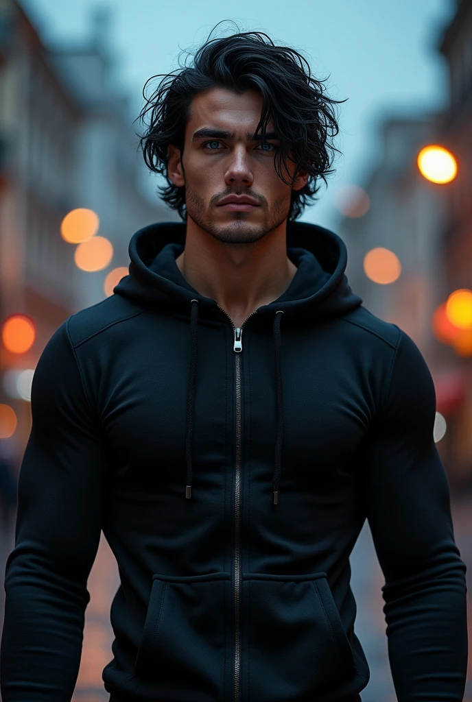Handsome europe man with huge muscles, unreal blue eyes, pale skin, dark black hair, huge veins, black hoodie.